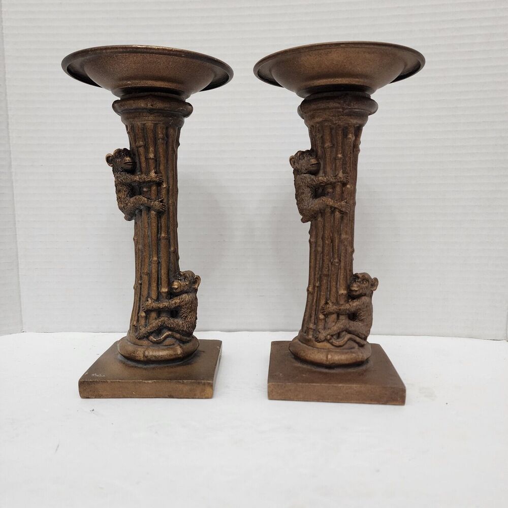 Metal and Resin Bronze Candle Holders Monkeys Climbing Bamboo Boho Vintage READ
